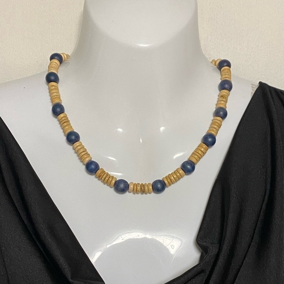WOODEN Bead Necklace, Blue and Natural Colours, 18 inches - Picture 1 of 4